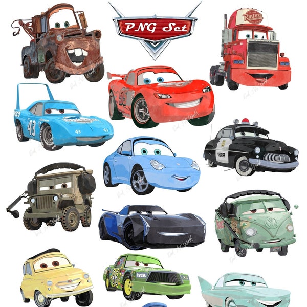 Set of 15 DISNEY CARS, Lightning McQueen, Disney Cars, Watercolor Png, PNG Digital Download for Sublimation, Digital Prints, Sublimation Png