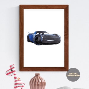 May include: A printable digital download featuring a cartoon image of a black and blue race car with a smiling face. The car is on a white background.