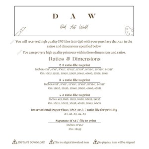 May include: A digital download listing for printable art files. The listing includes five high-quality JPG files in various aspect ratios, including 2:3, 3:4, 4:5, and 5:7. The listing also includes a separate 11x14 inch file. The text on the listing states that the files are 300 dpi and can be printed in various sizes.