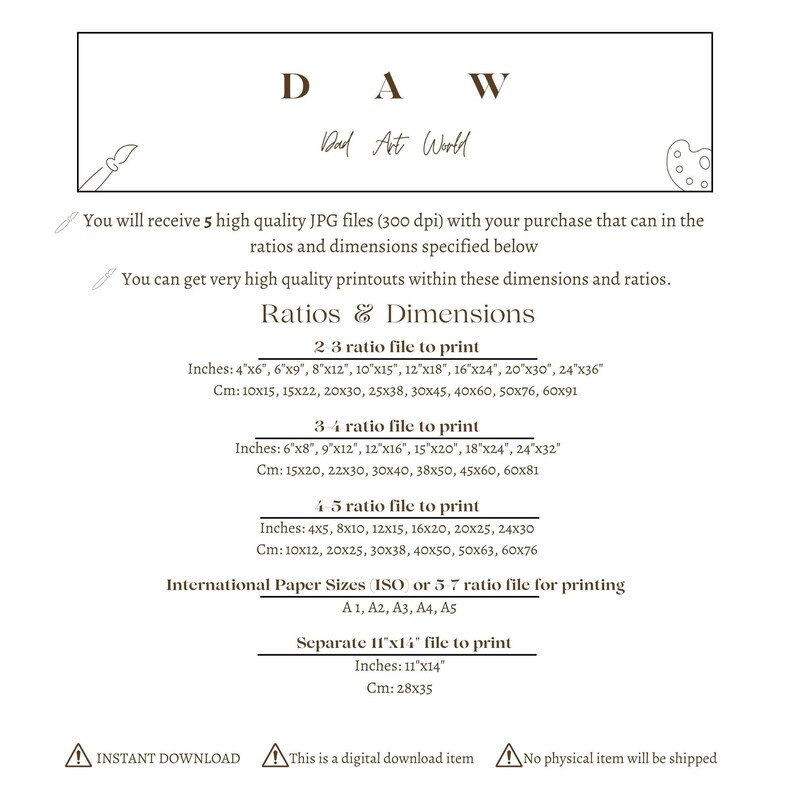 May include: A digital download listing for printable art files. The listing includes five high-quality JPG files in various aspect ratios, including 2:3, 3:4, 4:5, and 5:7. The listing also includes a separate 11x14 inch file. The text on the listing states that the files are 300 dpi and can be printed in various sizes.