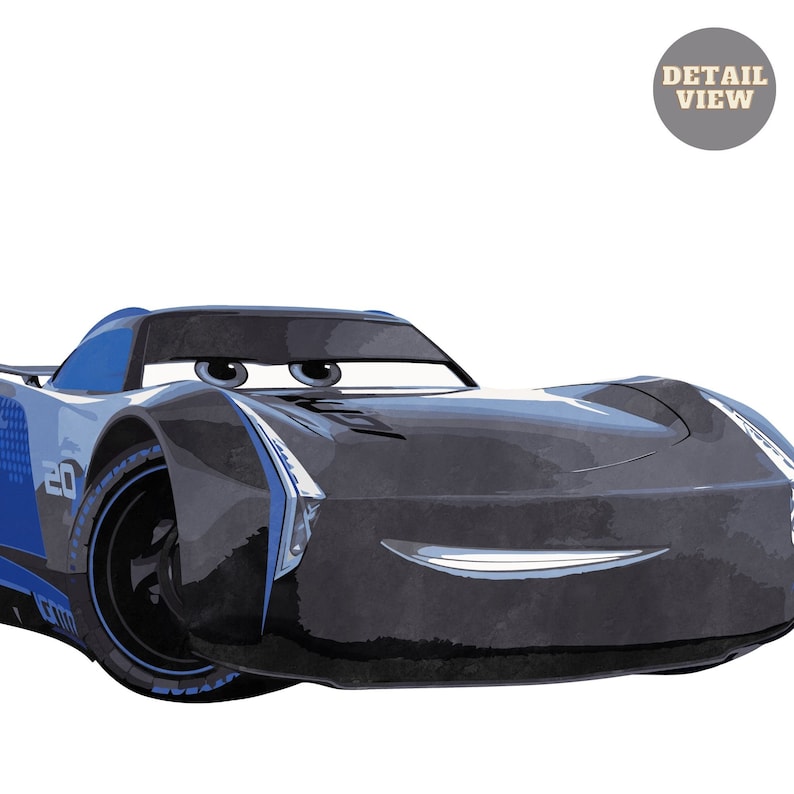 May include: A black and blue cartoon race car with a smiling face. The car has a number 20 on the side.