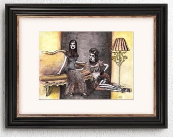 Ritratto originale di donna gotica, Sorelle Oscure, dipinto ad acquerello, opera d'arte suggestiva da appendere al muro (con cornice)
