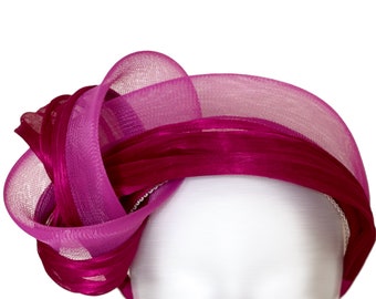 FUCSIA - Tocado con nudo de seda, turbante, diadema de seda, diadema de abacá, fiesta de boda de Navidad, sombrero de Ascot real, boda