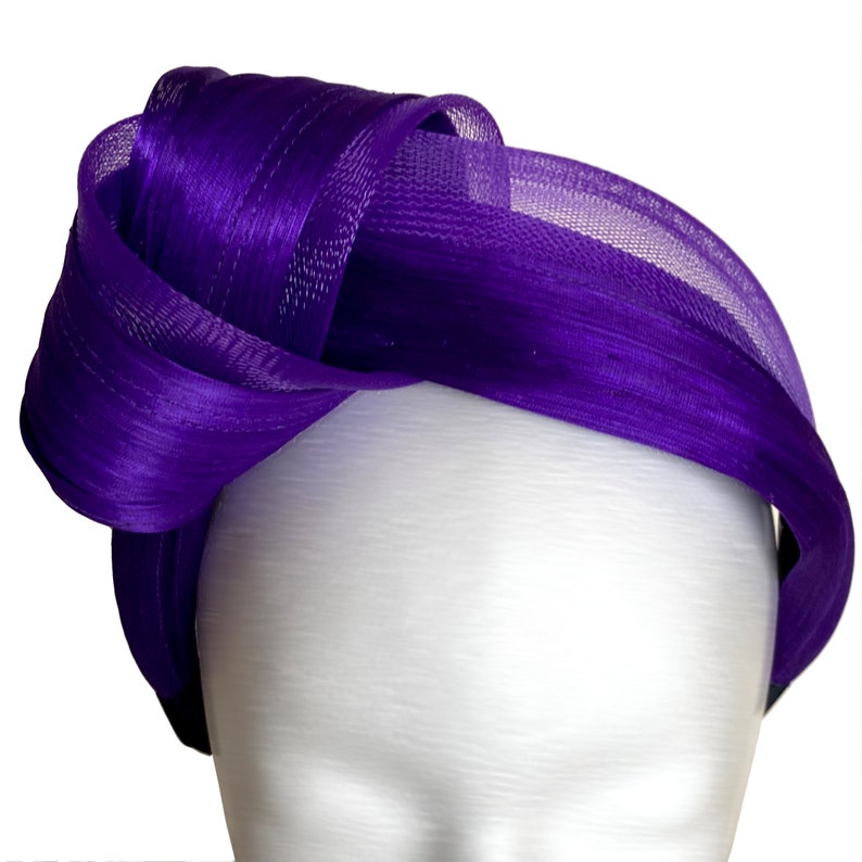 PURPLE Seidenknoten Fascinator Headpiece Turban Haarband Seide Abaca Stirnband Weihnachten Hochzeit Taufe Party Royal Ascot Hut Wedding Bild 1