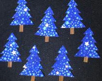 Set of 7 Blue TREES Applique Patch PREFUSED HANDCUT 4.75"x3.25" Iron on Sew in Cotton Fabric Stars print shiny. For Quilts Crafts Jeans Bags