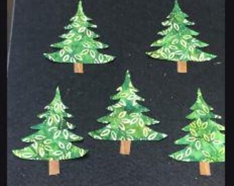 Set of 5 Green BATIK Trees with Stems PRE FUSED Hand Cut 5.5"x4.6" For quilt Blocks Table runners Pillow Covers Jeans Junk Journals Crafting