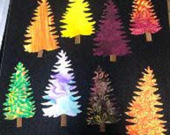 Set B of 8 PRE FUSED Fall Trees ,stems HANDCUT 6.5"x3.2" & 5.5"x2.5" Cotton + Batik Fabrics Iron on Sew in For Quilts Table  Runners Jeans
