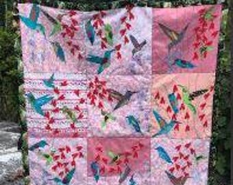 HUMMING BIRDS Quilt Wall Hanging 48"x48" Quilted on Batting (Flannel Fabric) only. Decorative stitches, Machine & Hand embroidery.