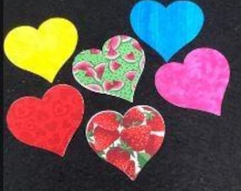 Set of 6 Pre fused Die Cut Heart Patches 3" Cotton Fabrics Fused with Heat n Bond Lite Iron on and Sew in Quilt Blocks Jeans Table Runner