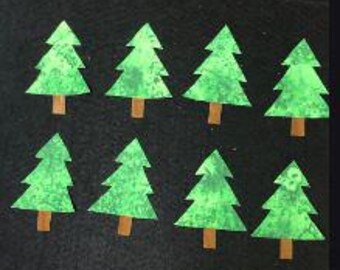 Set of  8 Green Trees 4"x2.75" PRE FUSED  HANDCUT with Stems Quilts Table runners Totes Pillow Covers Tea Towels Junk Journal Jeans Crafting