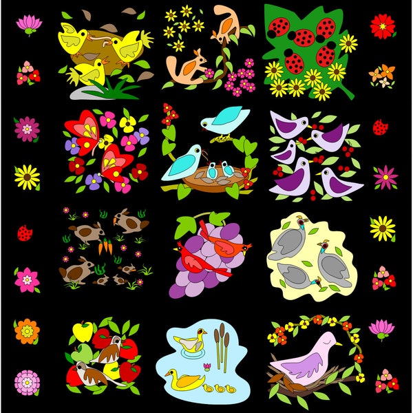 Garden Beauties Quilt Top PAPER PATTERN 64x80 inches Colorful Raw Edge Applique  16x16 inches Quilt Blocks, 8x8 inches Border blocks Spring