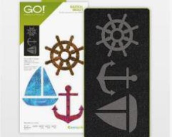 Accuquilt GO Nautical Die features an anchor, sailboat, and ship wheel, all perfect for beach-worthy sewing projects USED