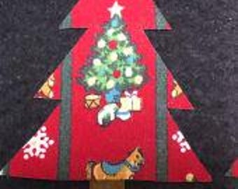 Set of 14 RED  Trees with stems 4"x 2.75" PRE FUSED Hand Cut with Christmas Tree Print Quilts Table Runners Toppers Pillow Covers Tea Towel