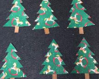 6 Pre Fused HANDCUT Green Trees with Toy Horse Print 4.5"x2.5" Few Irregular cuts Selling AS IS  Iron on Sew in For Quilt Craft Junk Journal