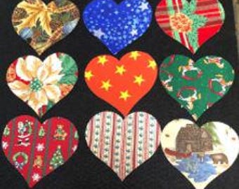 Set of 9 Christmas Time PRE FUSED Die Cut HEART Applique Patches 4". Large Hearts. Peel paper, Iron to fuse and sew Christmas print Fabrics