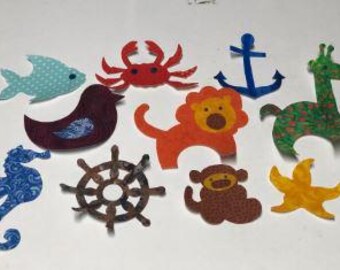 BABY Shower 10 APPLIQUE IRON on Bib Blanket Baby Quilt Onesies No Sew  Fish Sea Horse Crab Lion Monkey Giraffe Bird Anchor Wheel Star Fish