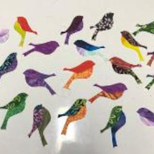 May include: A collection of twenty-one fabric bird appliques in various colors and patterns, including red, yellow, purple, green, and blue. Each bird shape features distinct printed designs, ranging from floral motifs to geometric textures.