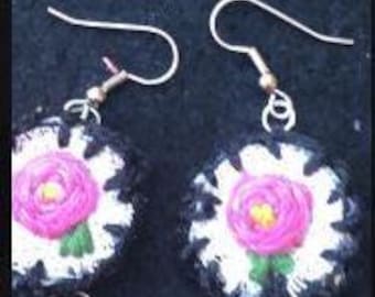 Hand Embroidered Earrings Rose  on Aida fabric backing about 1" Diameter Light weight. Padded Backing blanket stitch Edging