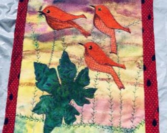 MINI Quilt 8"x10" BIRDS Quilt Wall Hanging Embroidery Applique Color Birds Small quilt  Sleeves at back to hang Textile Art Quilt on SALE !