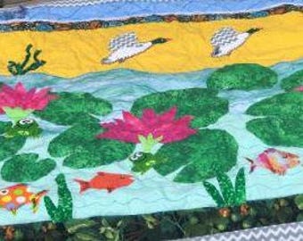 Lilly Pads Quilt Flying Geese Frogs Fishes 40"x26.5" Nature Quilted Wall Hanging