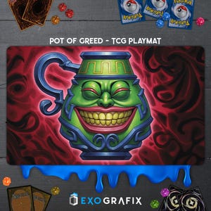 Puede incluir: Un tapete de juego verde y azul con una imagen de dibujos animados de una olla sonriente sobre un fondo rojo. El texto "POT OF GREED - TCG PLAYMAT" está en la parte superior del tapete de juego.