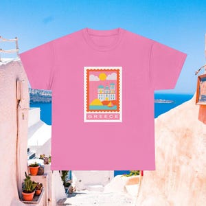 T-shirt con poster di viaggio in Grecia ispirato al vintage, maglietta con cartolina Mamma Mia Y2K, maglietta unisex in cotone pesante