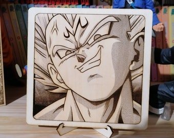 May include: A wooden cutout of a cartoon character with spiky blonde hair and a determined expression. The character is smiling with a slight smirk. The cutout is on a wooden stand.