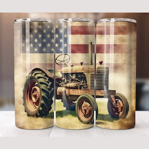 May include: A vintage red tractor with an American flag background. The tractor is rusty and has a faded paint job. The flag is also faded and has a distressed look.