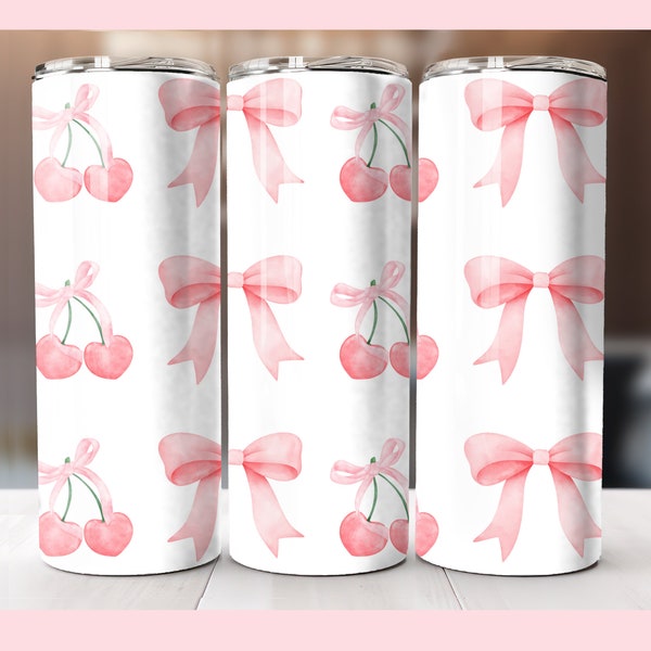 Coquette Cherry and Pink Bow, Coquette 20 Oz Skinny Tumbler, Ribbon Aesthetic, Bow PNG, Trendy Tumbler PNG, Soft Girl Aesthetic
