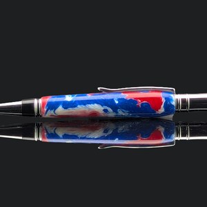 Handmade Red White and Blue Resin Twist Pen - Chrome Plated
