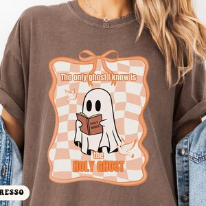 Comfort Colors® Holy Ghost Shirt, Funny Christian Halloween Tee, Retro Ghost With Bible Top, Faith Based Fall Shirt, Catholic Religious Gift