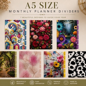 May include: A set of seven A5 size monthly planner dividers featuring diverse patterns including paisley, floral arrangements, forest landscapes, pink feathers, abstract art, and black and white spots, each with labeled monthly tabs for organization.