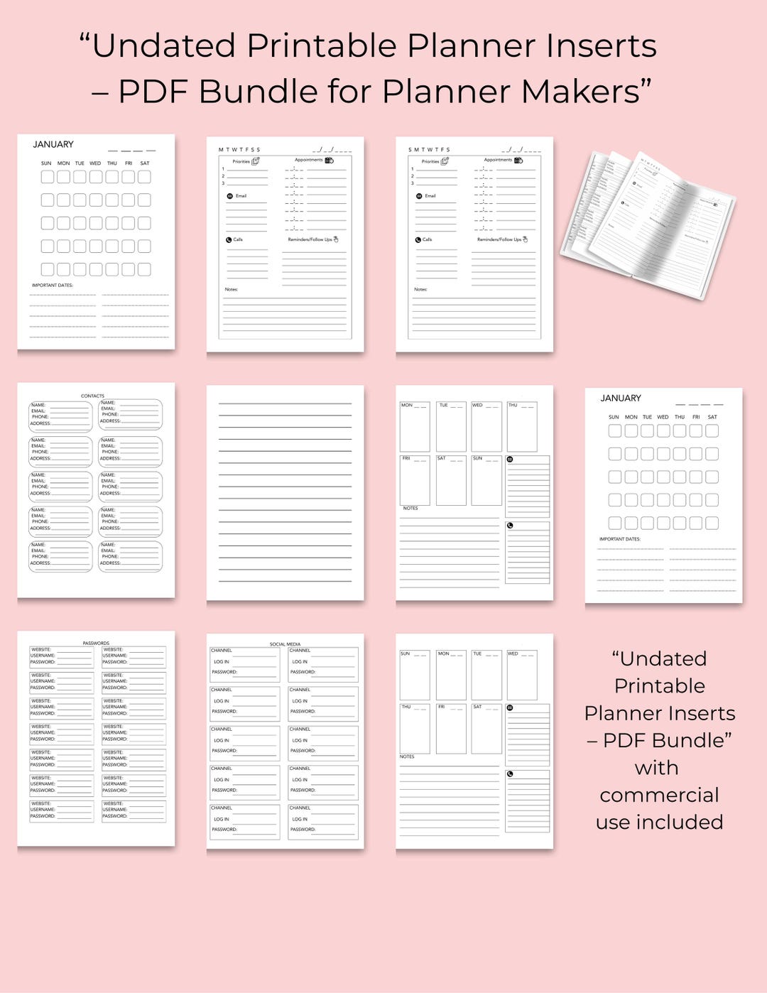 Printable Planner Pages Bundle: Undated Monthly, Weekly, Daily (PDF ...