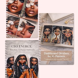 May include: A set of twelve laminated and hole-punched A5 planner dashboard dividers featuring illustrations of stylized characters with diverse hairstyles and fashion. The text reads CEO ENERGY. Boss-Style A5 Planner Dashboards and Dashboard Dividers for A5 Planners.