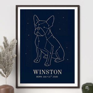 May include: A framed print featuring a French Bulldog constellation design on a dark blue background. The dog's outline is connected by lines, resembling stars. The name "WINSTON" and birthdate are printed below the dog.