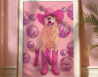 Pink Pony Labrador Poster: Cowboy Hats, Disco Ball Dog Art Print