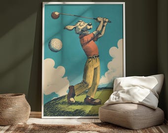 Dog Golf Wall Art | Vintage Dog Golfer Illustration | Retro Sports Print | Funny Golf Lover Gift | Man Cave Decor