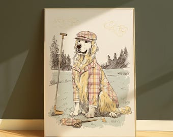 Dog Golf Wall Art | Vintage Golden Retriever Golfer Illustration | Retro Sports Print | Retirement Gift