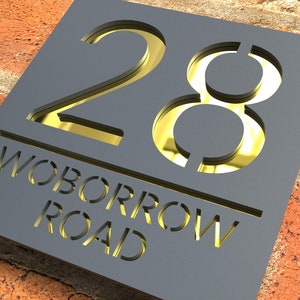 Modern Grey door numbers, With Gold mirror floating door sign, custom address signage