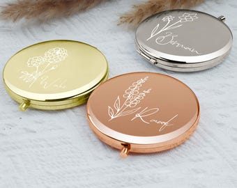 Gepersonaliseerde compacte spiegel, cadeaus voor bruidsmeisje voorstel en verjaardag beste vriend, aangepast cadeau voor vrouwen, zakspiegel met geboortebloem voor haar