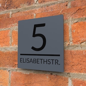 Laser Cut House Signs Numbers Matt Grey Acrylic Plaque With Gloss Black Backplate - Personalised