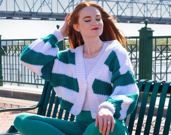 Chunky Cropped Knit Cardigan - Green & White Stripes