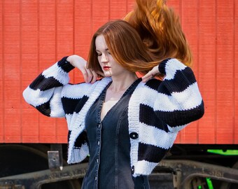 Hand Knit Zebra Stripe Crop Cardigan, Oversized Chunky Knit