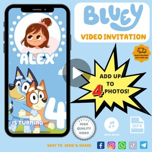 BLUEY Kid's Birthday Party Video uitnodiging, geanimeerde uitnodiging, digitale aangepaste uitnodiging, verjaardag gepersonaliseerde video, Convite Animado