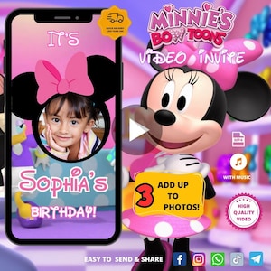 MINNIE MOUSE BOWTIQUE Kid's Birthday Party Video uitnodiging, geanimeerde uitnodiging, digitale uitnodiging, gepersonaliseerde video, Convite Animado
