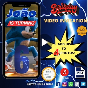 SONIC THE HEDGEHOG Kid&#39;s Birthday Party Video Invitation, Animated Invite Video, Digital Custom Invitation, Birthday Personalized Video