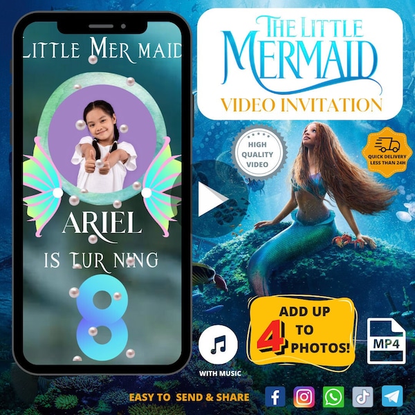 THE LITTLE MERMAID Kid's Birthday Party Video Invitation, Animated Invite, Digital Custom Invitation, Personalized Video, Convite Animado