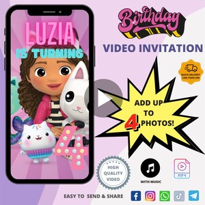 GABBY'S POPPENHUIS Video-uitnodiging verjaardagsfeestje voor kinderen, geanimeerde video-uitnodiging, digitale aangepaste uitnodiging, verjaardag gepersonaliseerde video-uitnodiging
