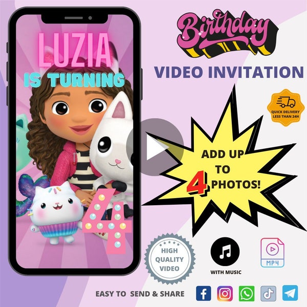 Invitation vidéo de fête d'anniversaire pour enfant GABBY'S DOLLHOUSE, vidéo d'invitation animée, invitation numérique personnalisée, vidéo d'anniversaire personnalisée