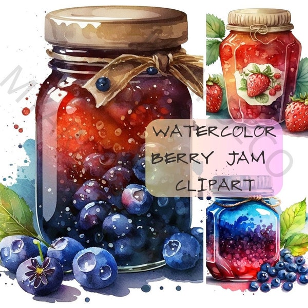 Berry Jam Watercolor Clipart - 16 Strawberry Jams, Blackberries, Orange, Blueberries High Quality, Commercial, Digital 300dpi, Transparent Background, PNG